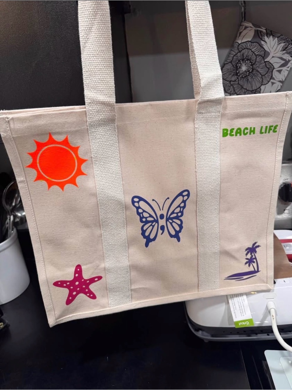 Canvas Beach Tote Bag - Natural with Multicolor Prints